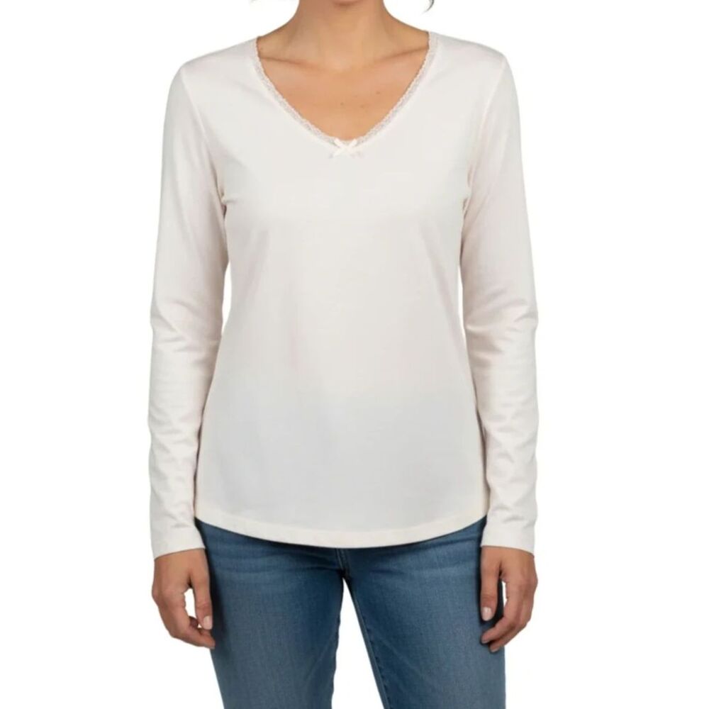 Cuddl Duds White Lace-Trim V-Neck Long Sleeve Top Medium for Layering